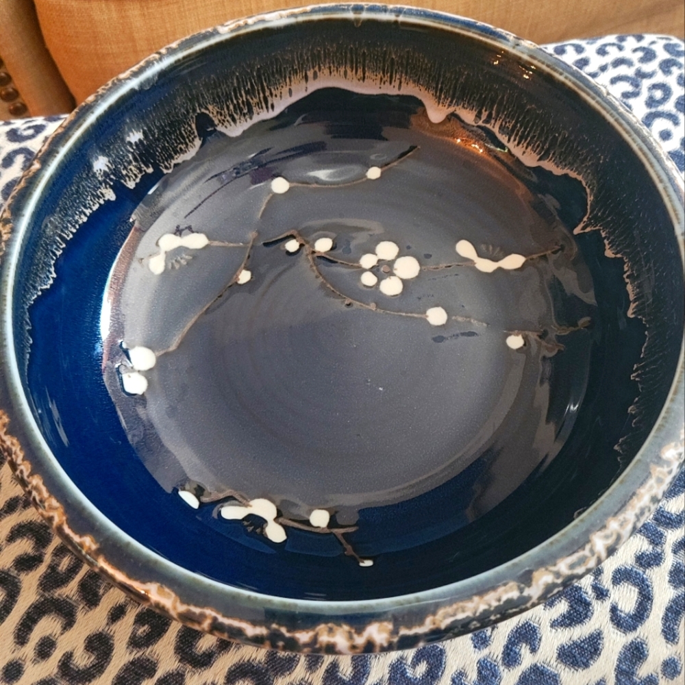 Cobalt blue glazed Blossoms 9" bowl pottery